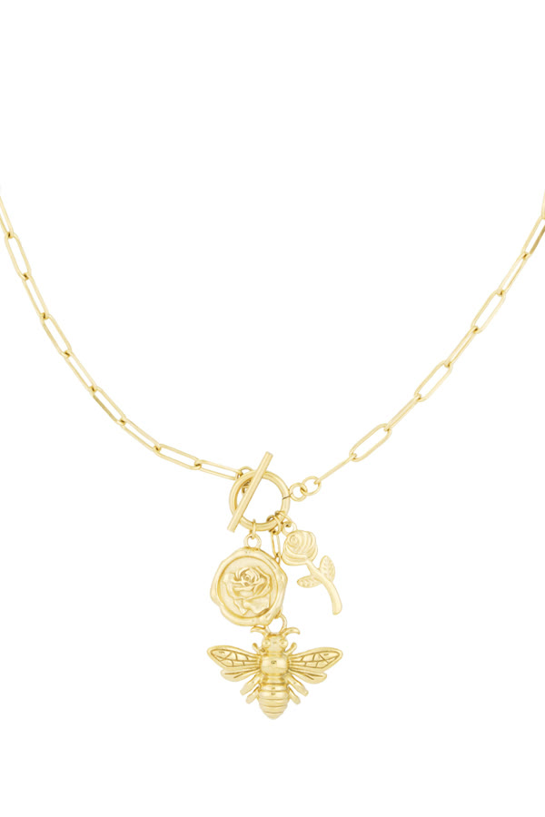 Gold paperclip toggle necklace with rose coin, rose and bee charms