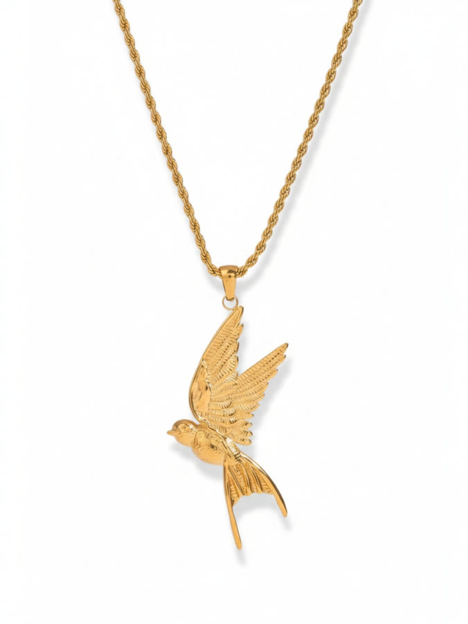 Gold rope chain necklace with a bird pendant