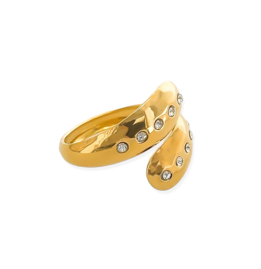Gold adjustable wrap ring with zircon accents